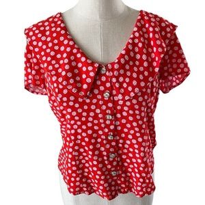 Maeve Anthropologie Red Pink Dot Collared Button Up Blouse Short Sleeve Size 8